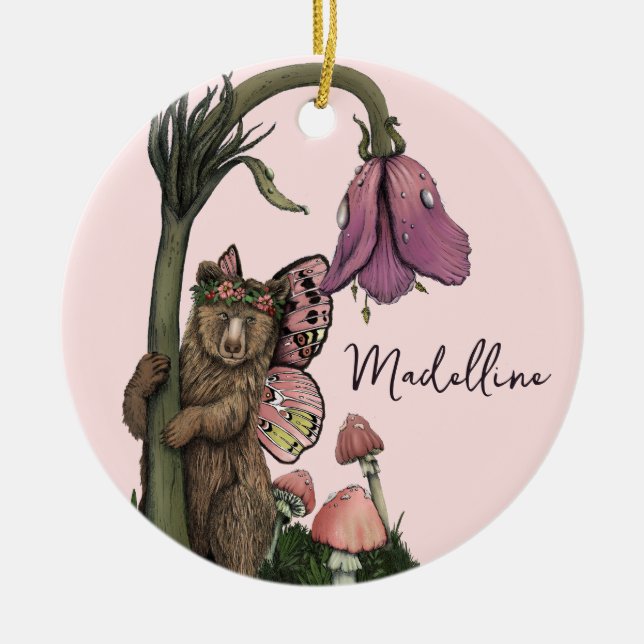 Niedliche Pink Grizzly Bärenfarne im Wald Keramik Ornament (Vorne)