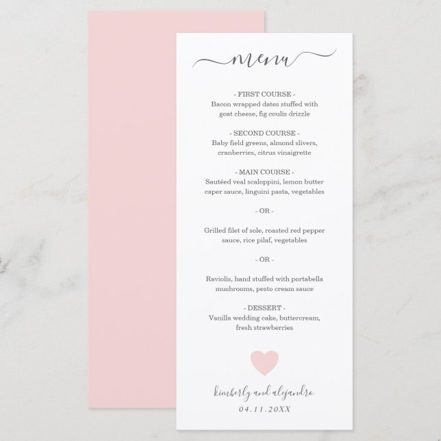Niedliche Pink Heart Wedding Menükarte (Vorne/Hinten)
