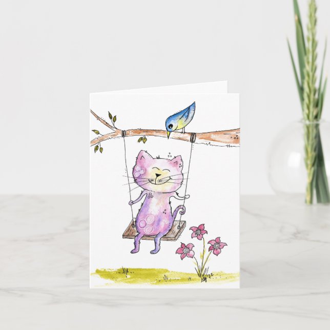 Niedliche Pink-Katze am Swing Karte (Vorderseite)