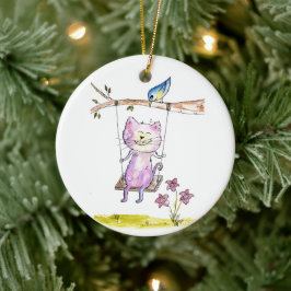 Niedliche Pink-Katze am Swing Keramik Ornament