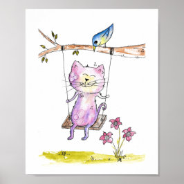 Niedliche Pink-Katze am Swing Poster