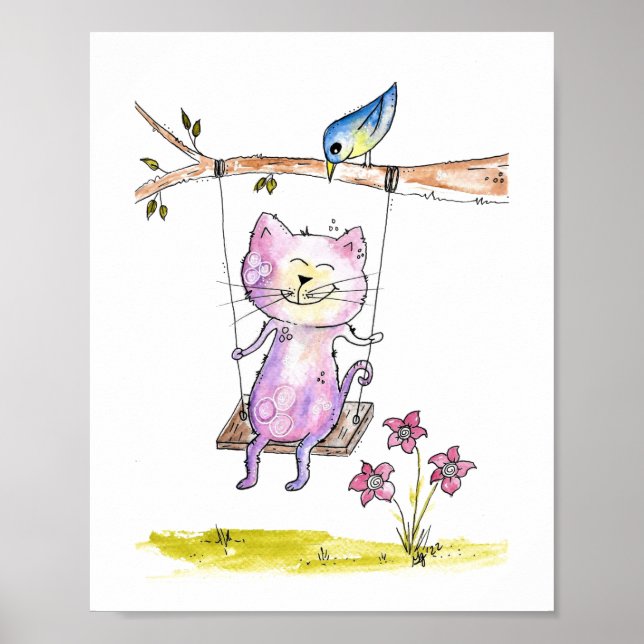Niedliche Pink-Katze am Swing Poster (Vorne)