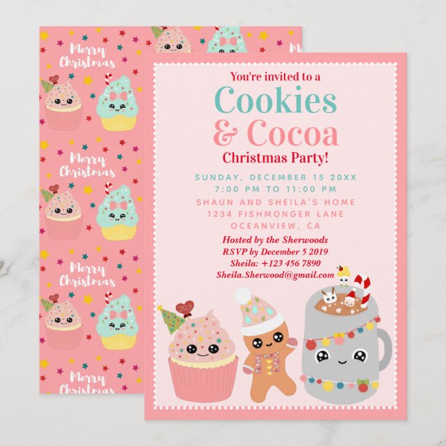 Niedliche Pink Kawaii Cookies und Kakao Weihnachts Einladung (Vorne/Hinten)