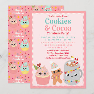 Niedliche Pink Kawaii Cookies und Kakao Weihnachts Einladung
