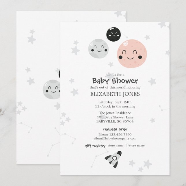 Niedliche Pink Kawaii Planet and Moons Baby Shower Einladung (Vorne/Hinten)