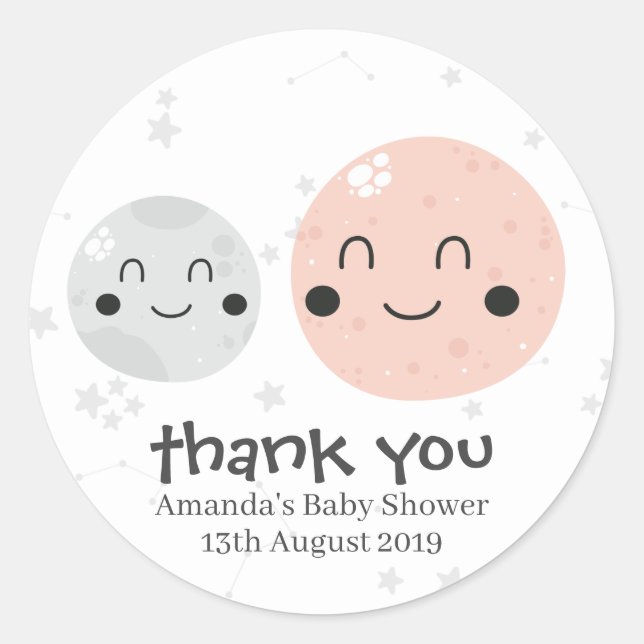 Niedliche Pink Kawaii Planet and Moons Baby Shower Runder Aufkleber (Vorderseite)