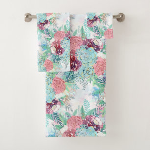 Niedliche Pink Mint Peony & Sukcules Blumenhandfar Badhandtuch Set