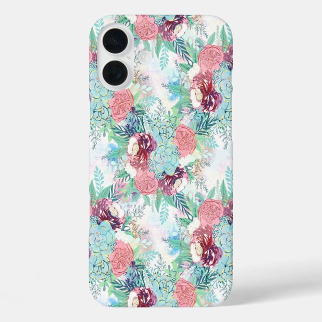 Niedliche Pink Mint Peony & Sukcules Blumenhandfar iPhone 16 Plus Hülle (Rückseite)