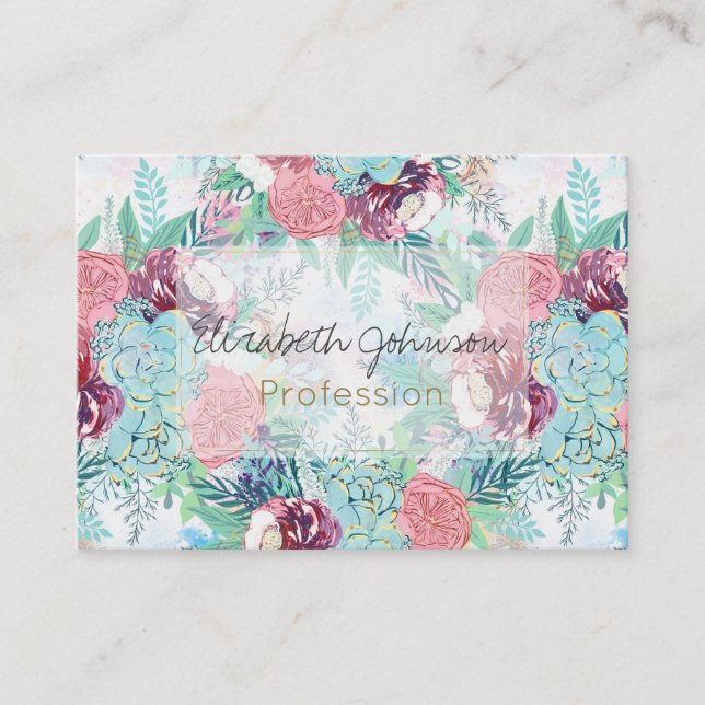 Niedliche Pink Mint Peony & Sukcules Blumenhandfar Visitenkarte (Vorderseite)