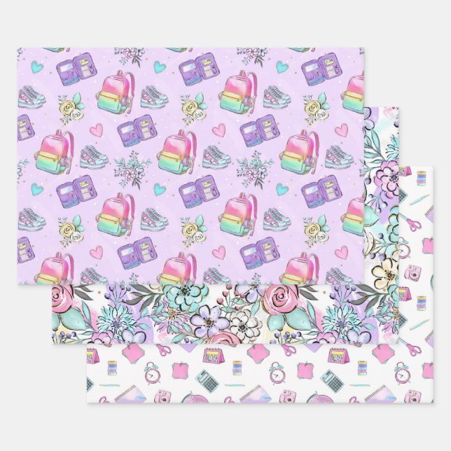 Niedliche Pink Minze zurück zu den Blume der Schul Geschenkpapier Set (Set)