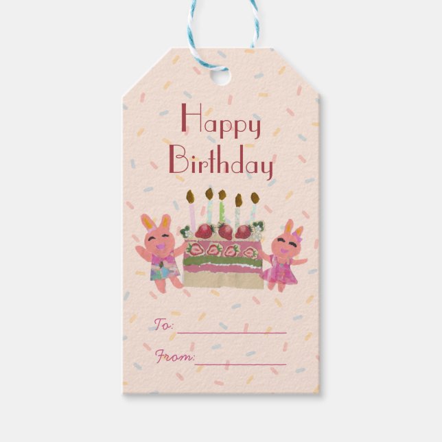 Niedliche Pink Rabbits & Strawberry Cake Kindergeb Geschenkanhänger (Vorderseite)