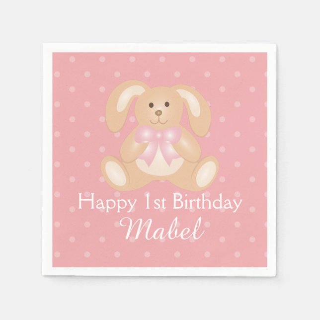 Niedliche Pink Ribbon Bunny Rabbit erste Geburtsta Serviette (Vorderseite)