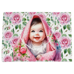Niedliche Pink Roses und Lächeln Baby Girl Babydus Große Geschenktüte