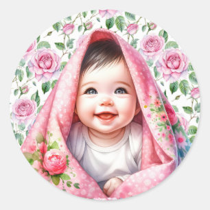 Niedliche Pink Roses und Lächeln Baby Girl Runder Aufkleber