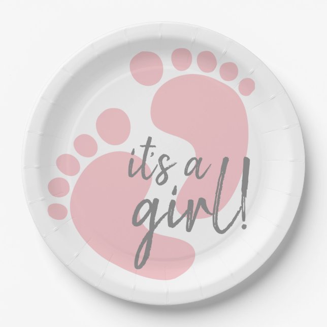 Niedliche Pink-Spuren Es ist eine Girl-Baby-Dusche Pappteller (Vorderseite)