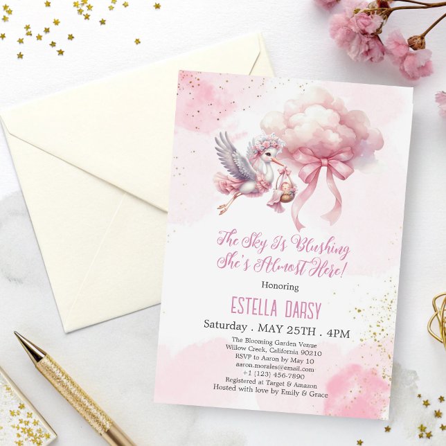 Niedliche Pink Stork & Cloud Baby Girl Dusche Einladung (Von Creator hochgeladen)