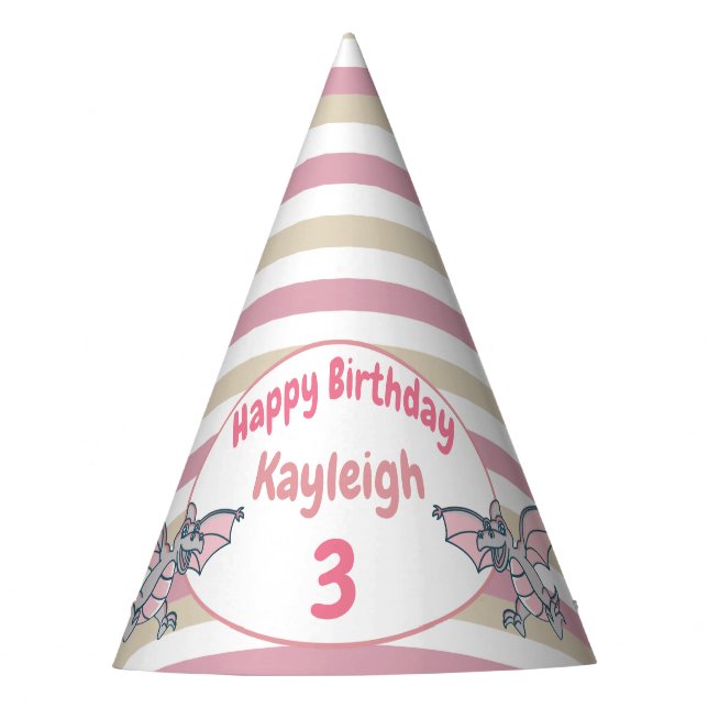 Niedliche Pink Stripes und Dragon Dinosaurier Partyhütchen (Vorderseite)