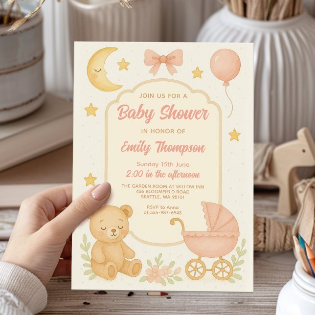 Niedliche Pink Teddy Bear Girl Babydusche Einladung (Von Creator hochgeladen)