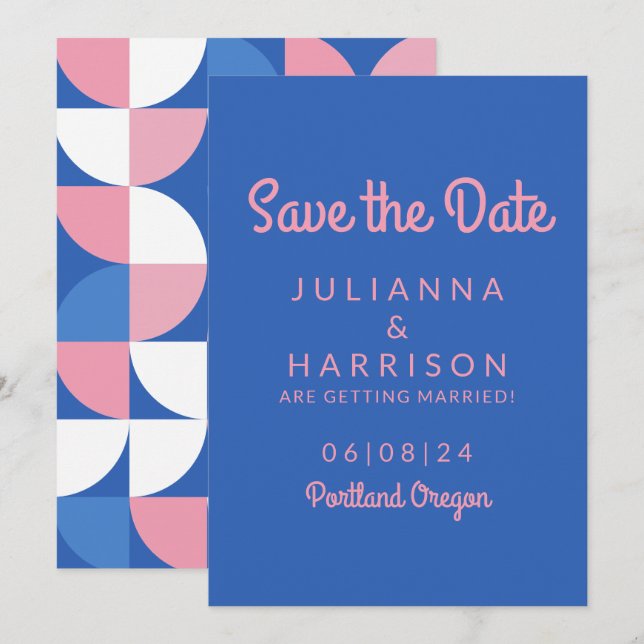 Niedliche Pink- und Blauweißtypografie Save The Date (Vorne/Hinten)