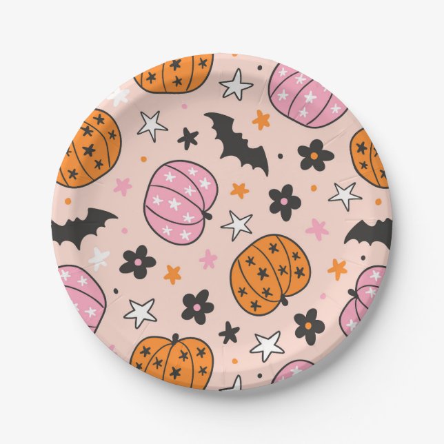 Niedliche Pink- und Orangefarbene Halloween-Kürbis Pappteller (Vorderseite)