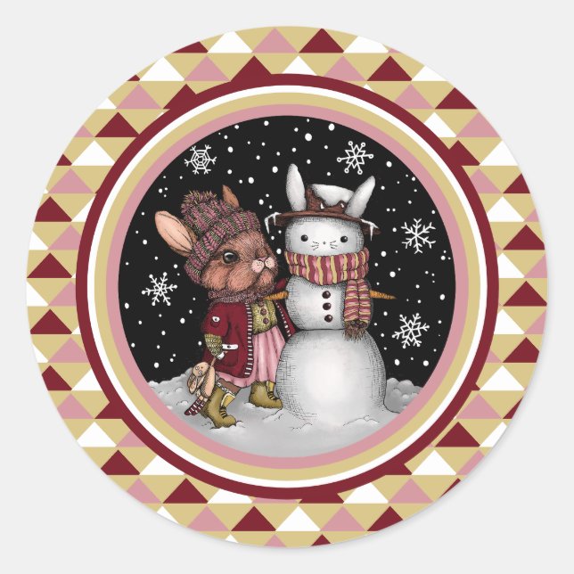 Niedliche Pink Weihnachtsschnee Sonnenhasen-Illust Runder Aufkleber (Vorderseite)