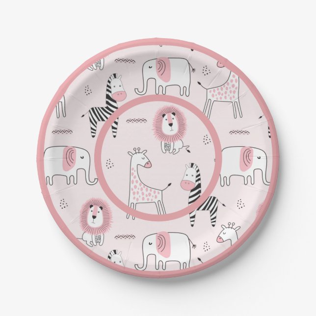 Niedliche Pink Zoo Tiere Zebra Baby Dusche Pappteller (Vorderseite)