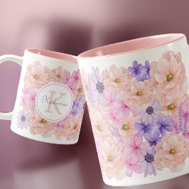 Niedliche pinkfarbene Aquarellfarben-Blume mit Mon Zweifarbige Tasse