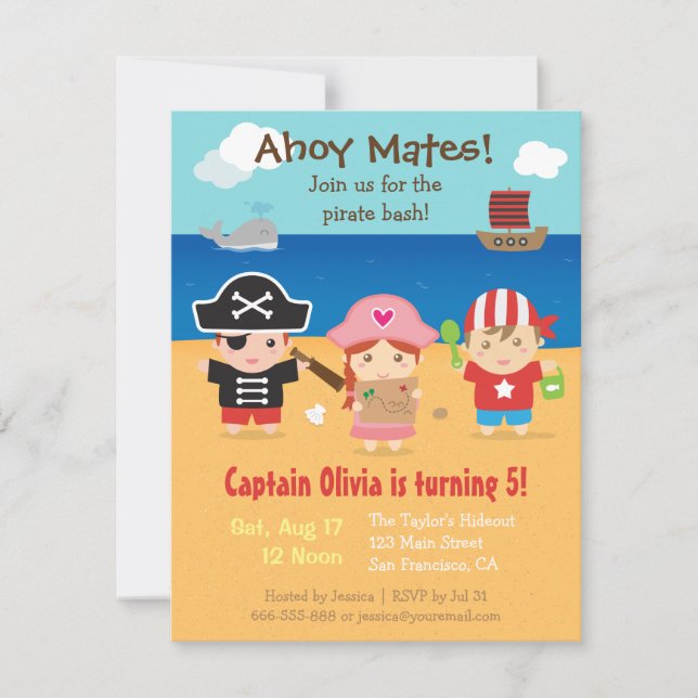 Niedliche Pirate Themed Kindergeburtstag Party Ein Einladung (Vorderseite)