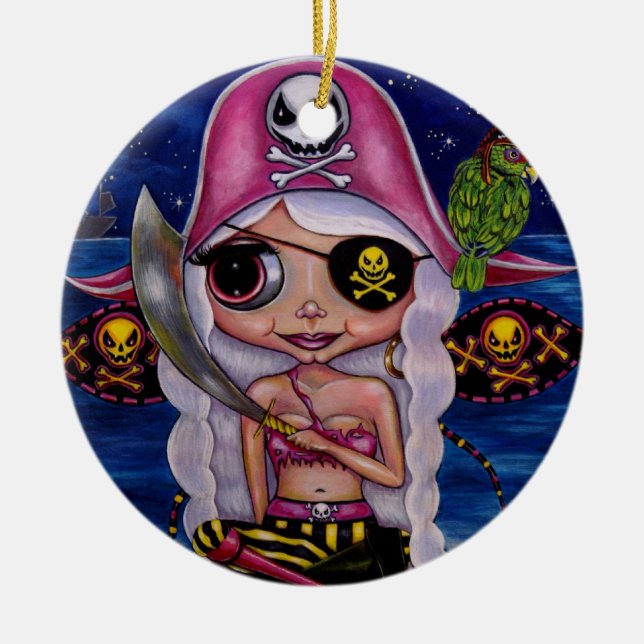 Niedliche Piratenfieber mit Parrot Skull Eye Patch Keramik Ornament (Vorne)