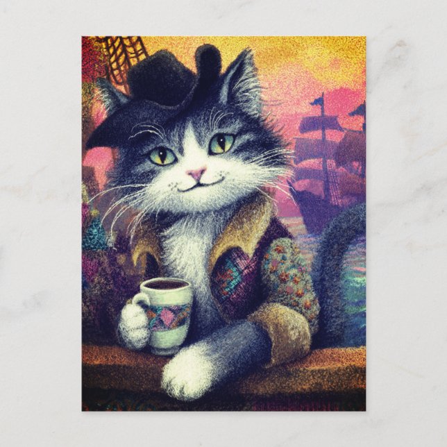 Niedliche Piratenkatze mit einem Kaffee Postkarte (Vorderseite)
