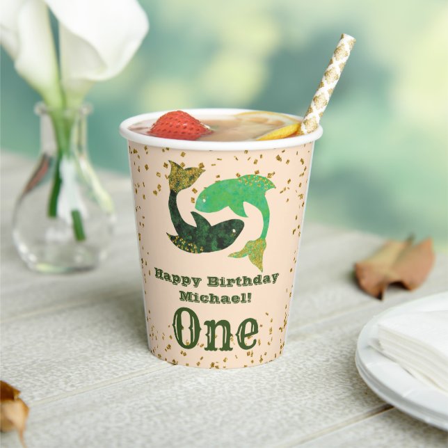 Niedliche Pisces First Birthday & Gold Confetti Pappbecher (In Situ)