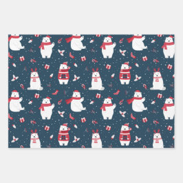 Niedliche Polarbären in drei blauen Weihnachtsmust Geschenkpapier Set