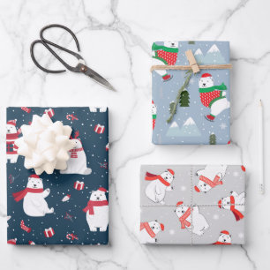 Niedliche Polarbären in drei blauen Weihnachtsmust Geschenkpapier Set