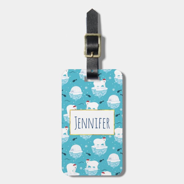 Niedliche Polarbären in Weihnachtsmannmützen Weihn Gepäckanhänger (Vorderseite vertikal)