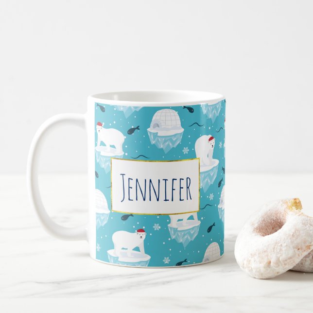 Niedliche Polarbären in Weihnachtsmannmützen Weihn Kaffeetasse (Mit Donut)