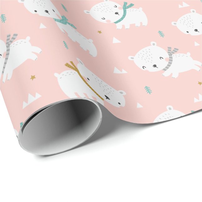 Niedliche Polarbären mit Schals auf hellrosa Geschenkpapier (Rolleneckpunkt)