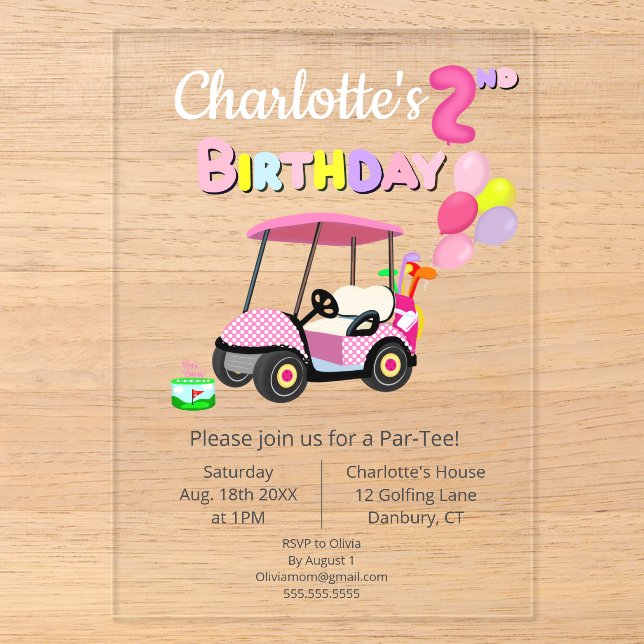 Niedliche Polka Dot Pink Girly Golf Acryleinladungen (Vorderseite)
