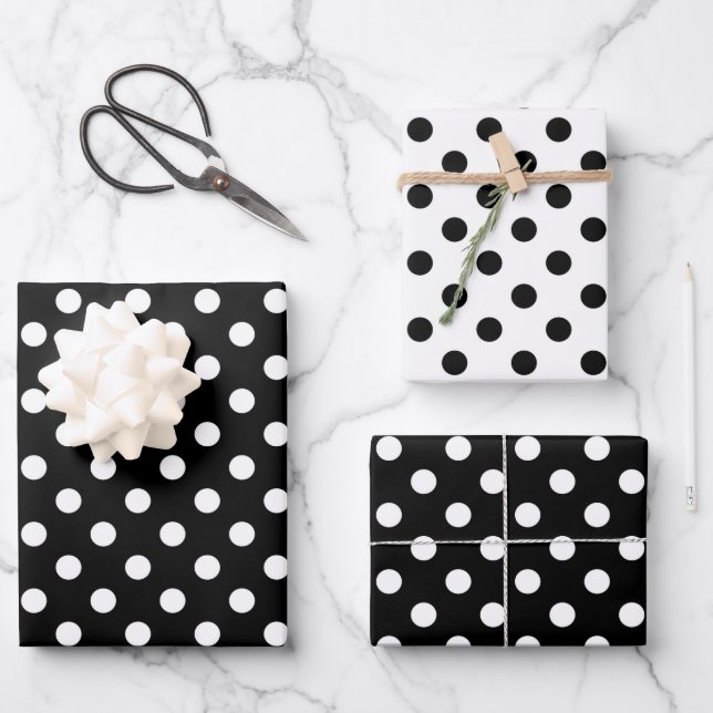 Niedliche Polka Dots Muster Schwarz-Weiß Minimalis Geschenkpapier Set (Vorderseite)