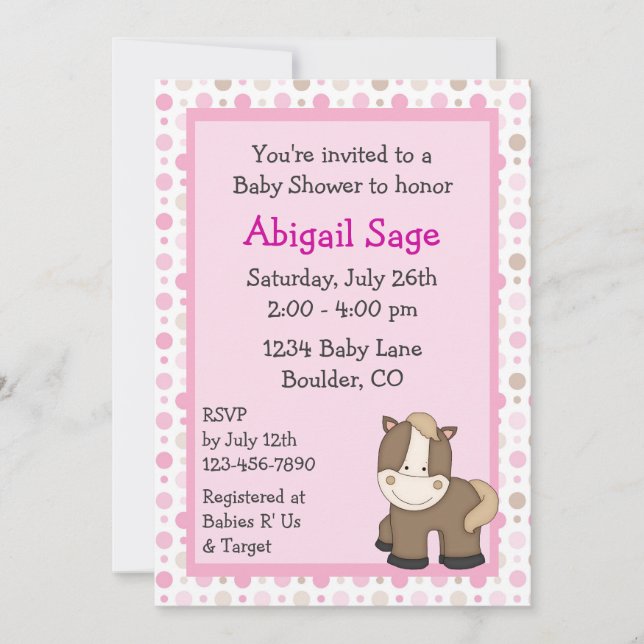 Niedliche Pony Baby Shower Einladungen für Mädchen (Vorderseite)