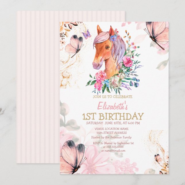 Niedliche Pony Blume Schmetterlinge Geburtstagsein Einladung (Vorne/Hinten)