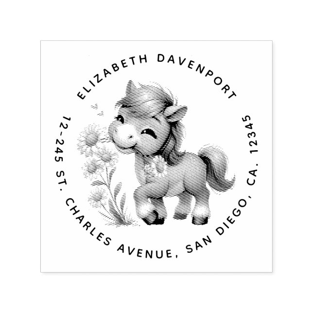 Niedliche Pony Eating Daisies-Adresse Permastempel (Design)