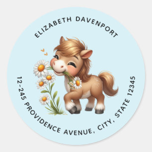 Niedliche Pony Eating Daisies-Adresse Runder Aufkleber