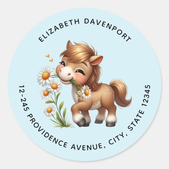 Niedliche Pony Eating Daisies-Adresse Runder Aufkleber (Vorderseite)