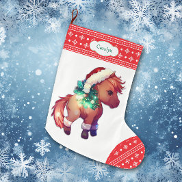 Niedliche Pony Snowflake Red Border Kinder Großer Weihnachtsstrumpf