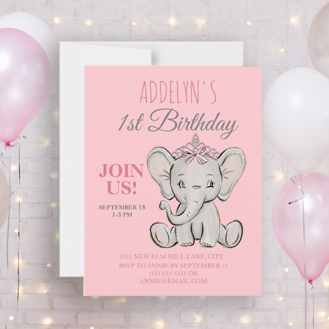 Niedliche Prinzessin Elephant Little Girl's 1. Geb Einladung (Von Creator hochgeladen)