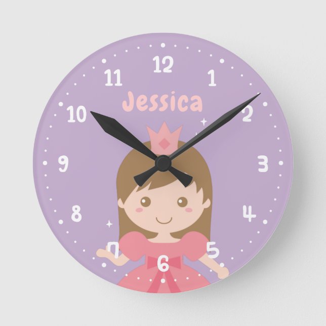 Niedliche Prinzessin in rosa Girls Zimmerdekoratio Runde Wanduhr (Vorderseite)