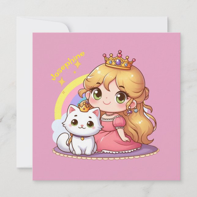 Niedliche Prinzessin mit weißer Katze individuell  Einladung (Vorderseite)