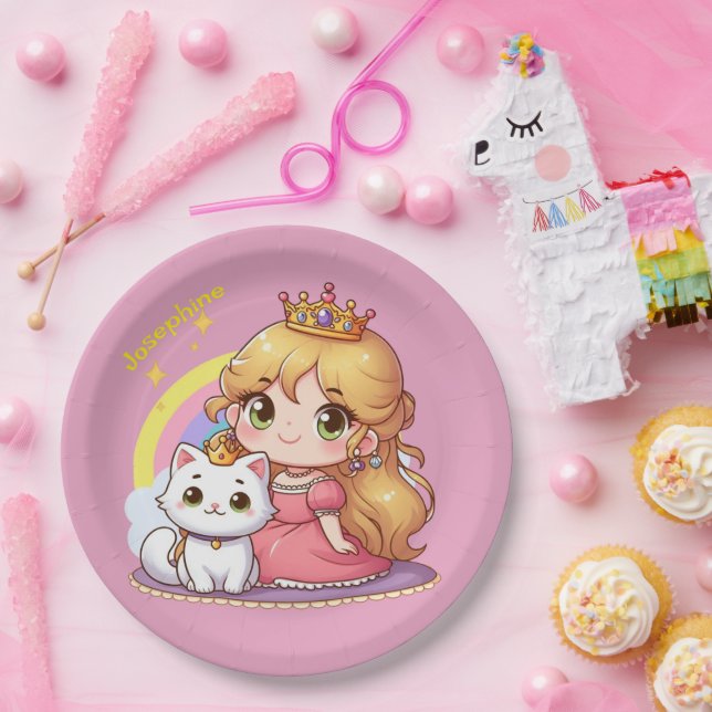 Niedliche Prinzessin mit weißer Katze individuell  Pappteller (Party)