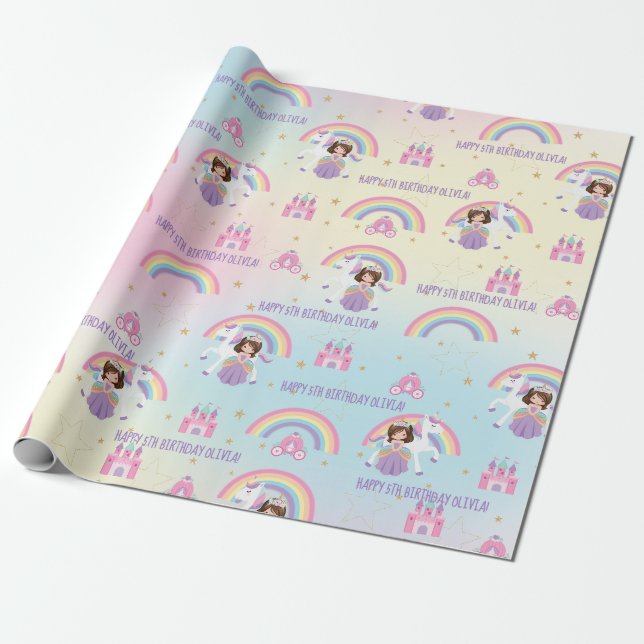 Niedliche Prinzessin und Einhorn-Regenbogen Geburt Geschenkpapier (Ungerollt)
