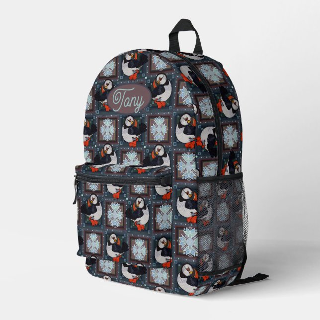 Niedliche PuffBirds Wintermuster Bedruckter Rucksack (Rückseitige Ecke Rechts)
